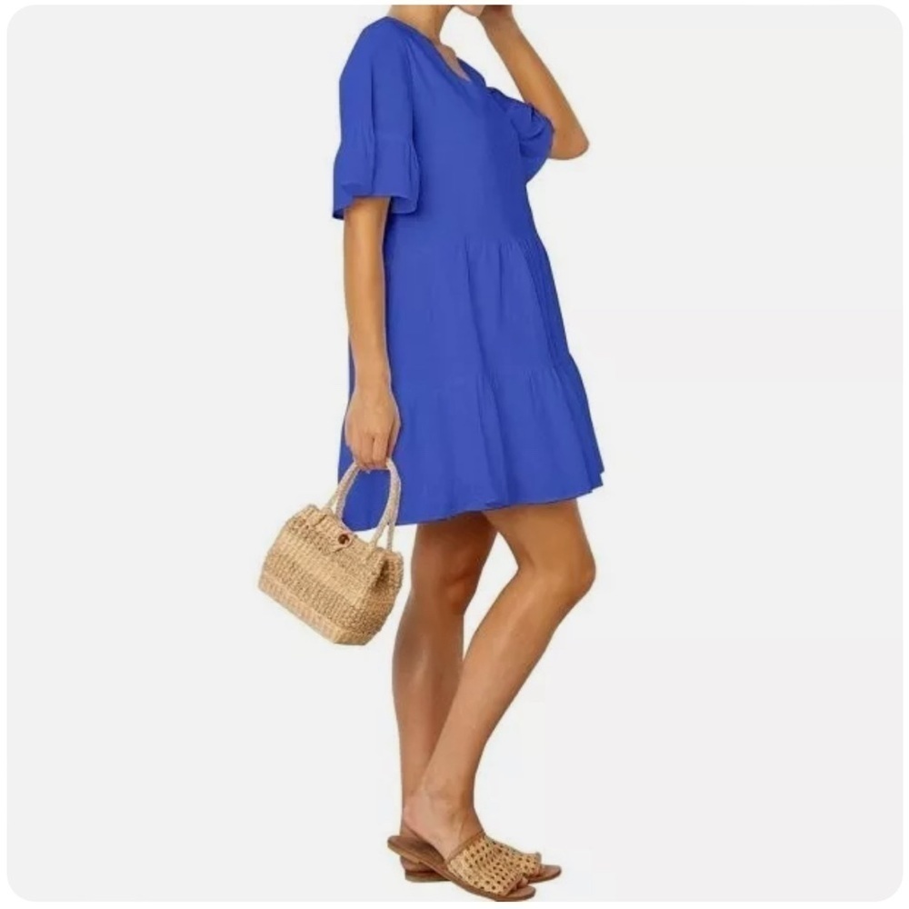 FANCYINN Womens Royal Blue Tiered 1/2 Sleeve Side Zip Dress w/Pockets Si…